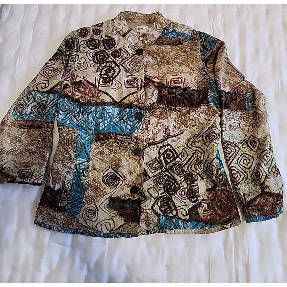Chico's Silk Jacket Size 1 Medium Abstract Tribal Art To Wear Button Front Boho